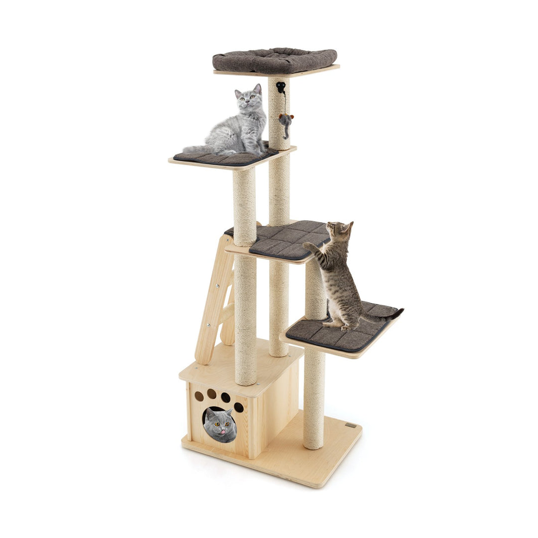 Modern Wooden Cat Tree Tower with Cat House - TidySpaces