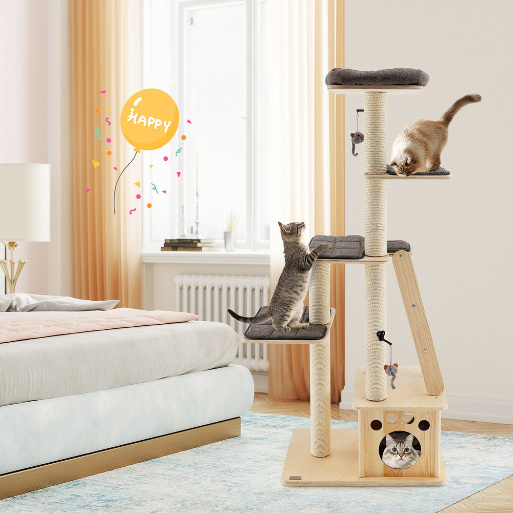 Modern Wooden Cat Tree Tower with Cat House - TidySpaces