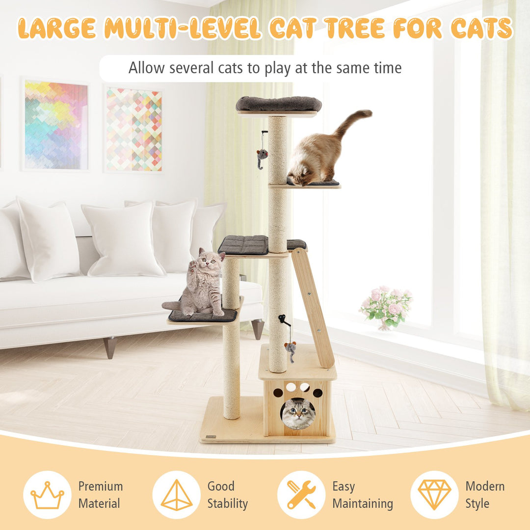 Modern Wooden Cat Tree Tower with Cat House - TidySpaces