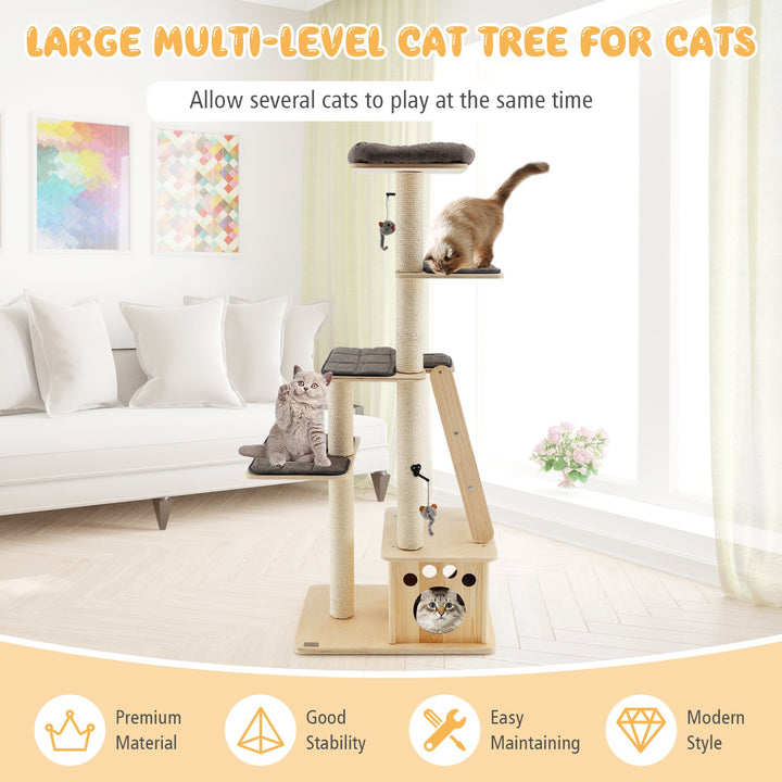 Modern Wooden Cat Tree Tower with Cat House - TidySpaces