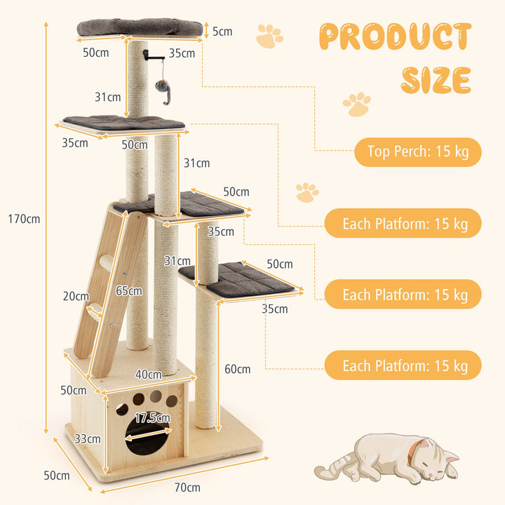 Modern Wooden Cat Tree Tower with Cat House - TidySpaces