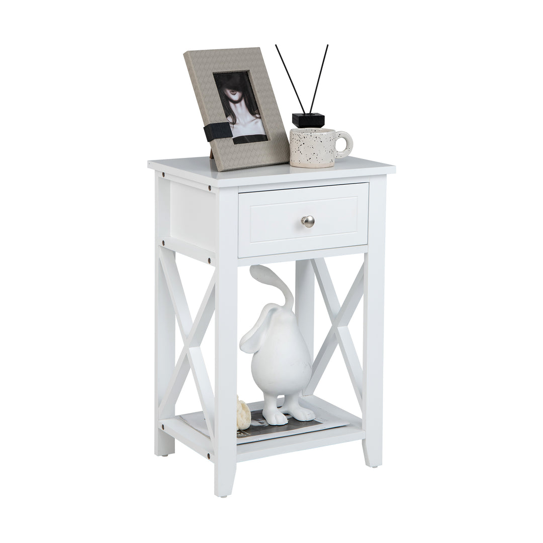 Modern X Design Nightstand with Drawer and Bottom Storage Shelf - TidySpaces