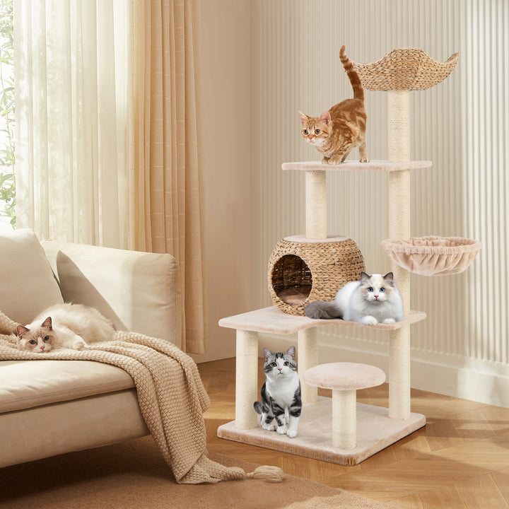 Multi-Level Cat Tree with Cattail Condo and Plush Perch-Beige - TidySpaces