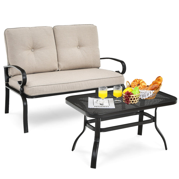 Garden Furniture Set with 2 Seat Cushioned Sofa and Coffee Table