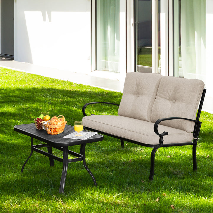 Garden Furniture Set with 2 Seat Cushioned Sofa and Coffee Table