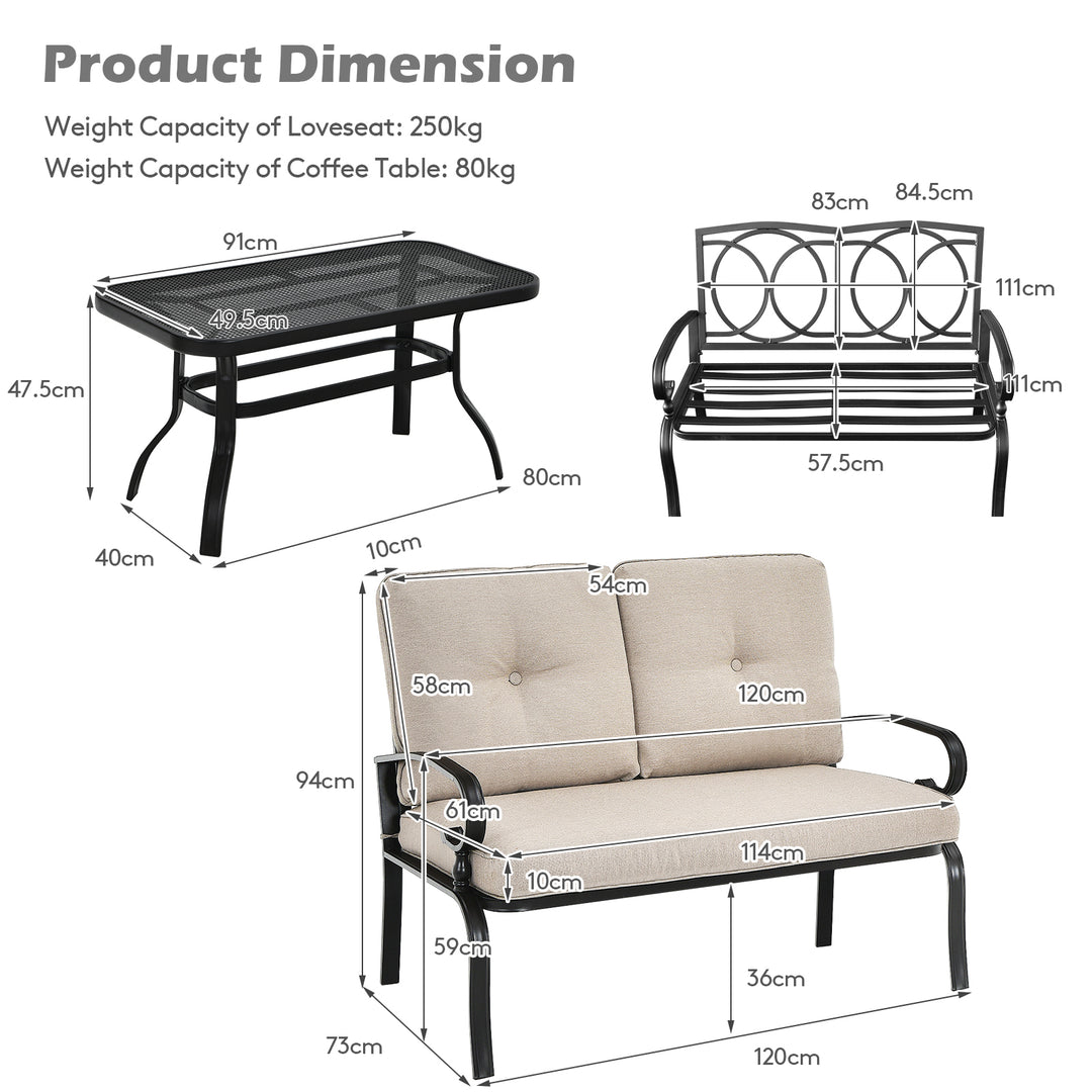 Garden Furniture Set with 2 Seat Cushioned Sofa and Coffee Table