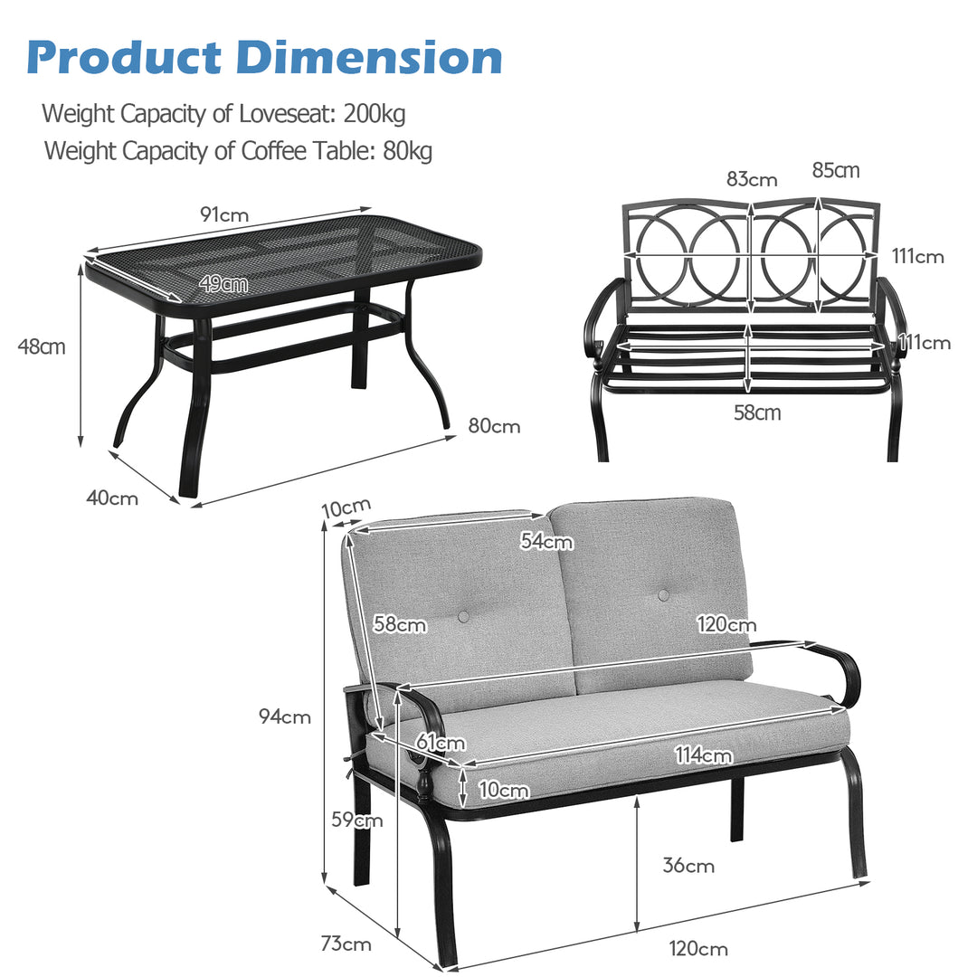 Garden Furniture Set with 2 Seat Cushioned Sofa and Coffee Table