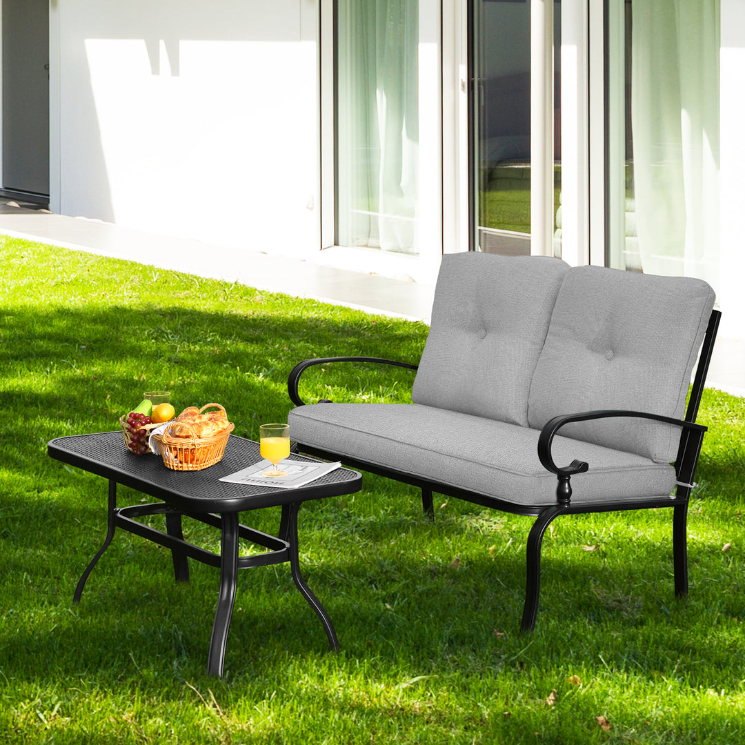 Garden Furniture Set with 2 Seat Cushioned Sofa and Coffee Table