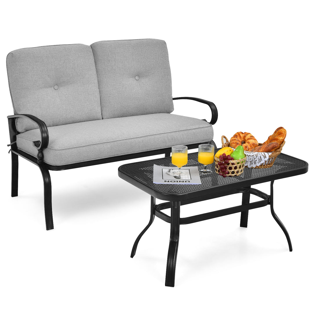 Garden Furniture Set with 2 Seat Cushioned Sofa and Coffee Table