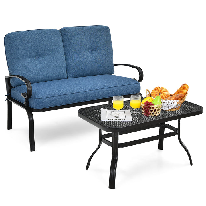 Garden Furniture Set with 2 Seat Cushioned Sofa and Coffee Table