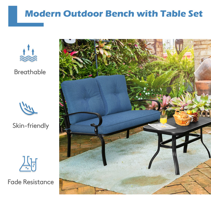 Garden Furniture Set with 2 Seat Cushioned Sofa and Coffee Table