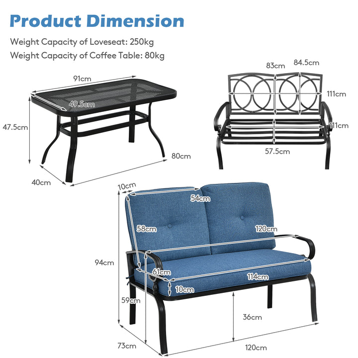 Garden Furniture Set with 2 Seat Cushioned Sofa and Coffee Table