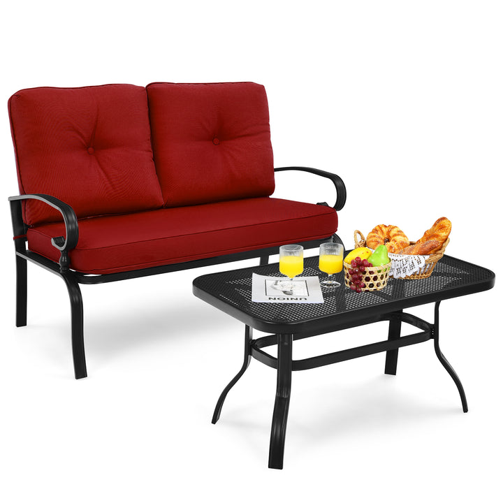 Garden Furniture Set with 2 Seat Cushioned Sofa and Coffee Table