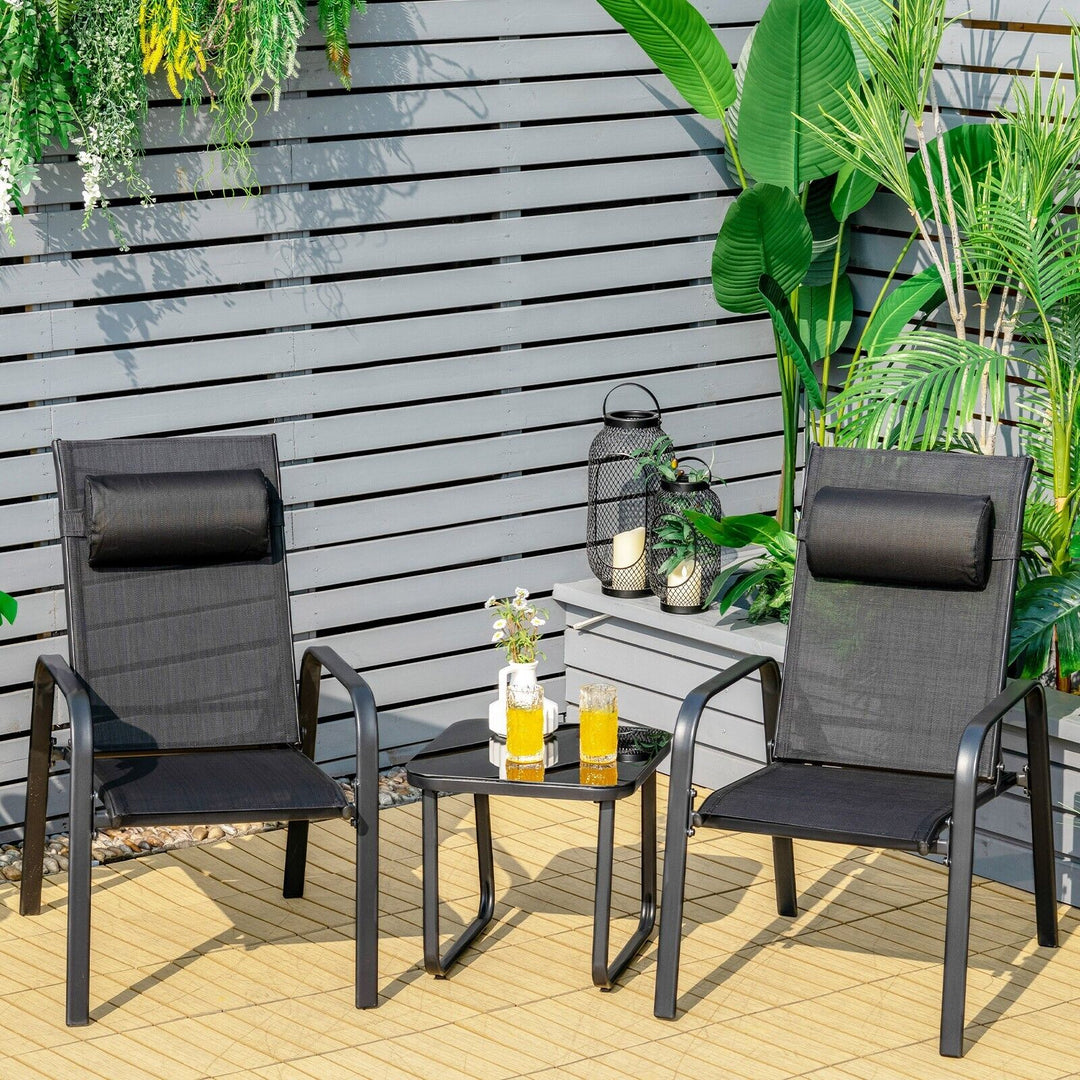 3 Pieces Patio Bistro Set with Coffee Table and 2 Stackable Chairs