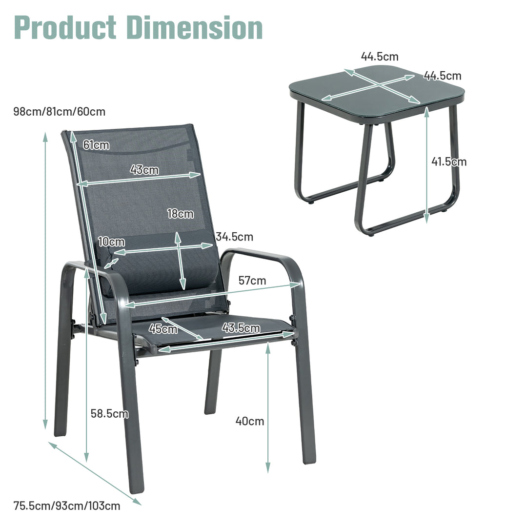 3 Pieces Patio Bistro Set with Coffee Table and 2 Stackable Chairs