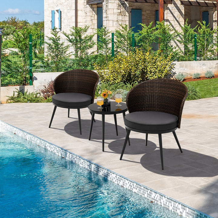 3 Pieces Patio Rattan Bistro Set with Cushioned Chairs and Glass Table-Grey