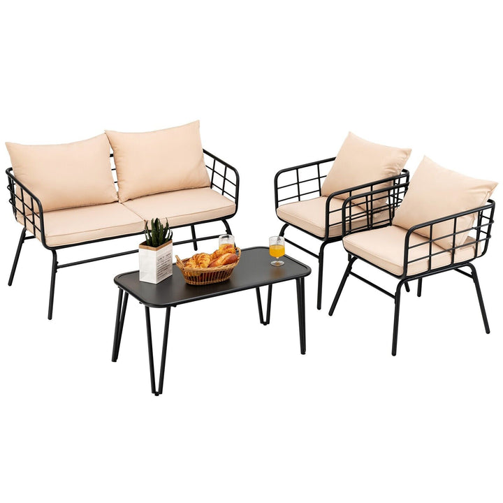 4 Piece Patio Conversation Set with Seat Back Cushions-Beige