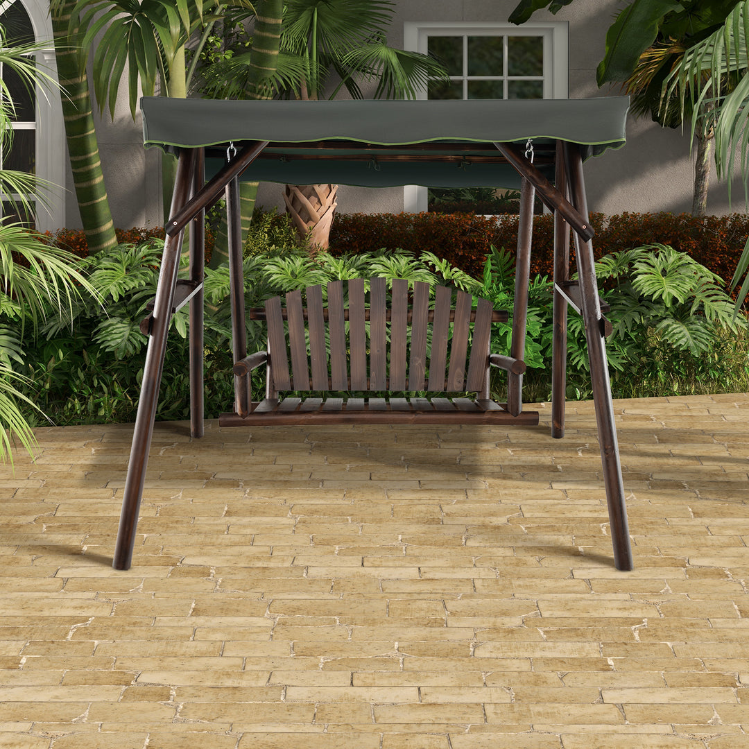 2-Person Wooden Garden Swing Chair with Adjustable Canopy and Side Trays