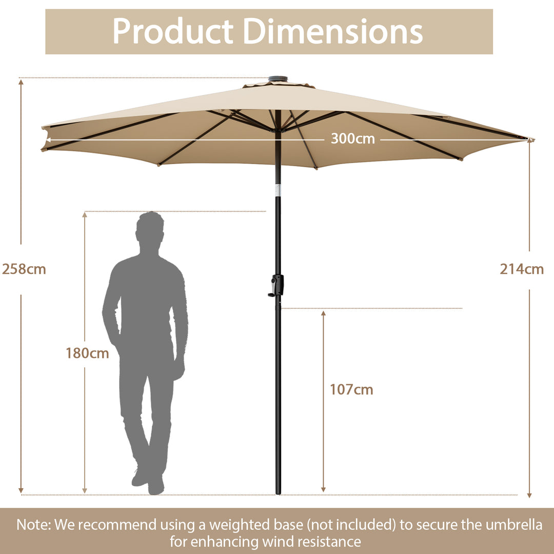3m Patio Umbrella with 112 Solar Powered LED Lights and Crank Handle