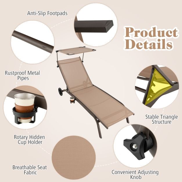 Patio Chaise Lounge Chair with Wheels and Adjustable Canopy