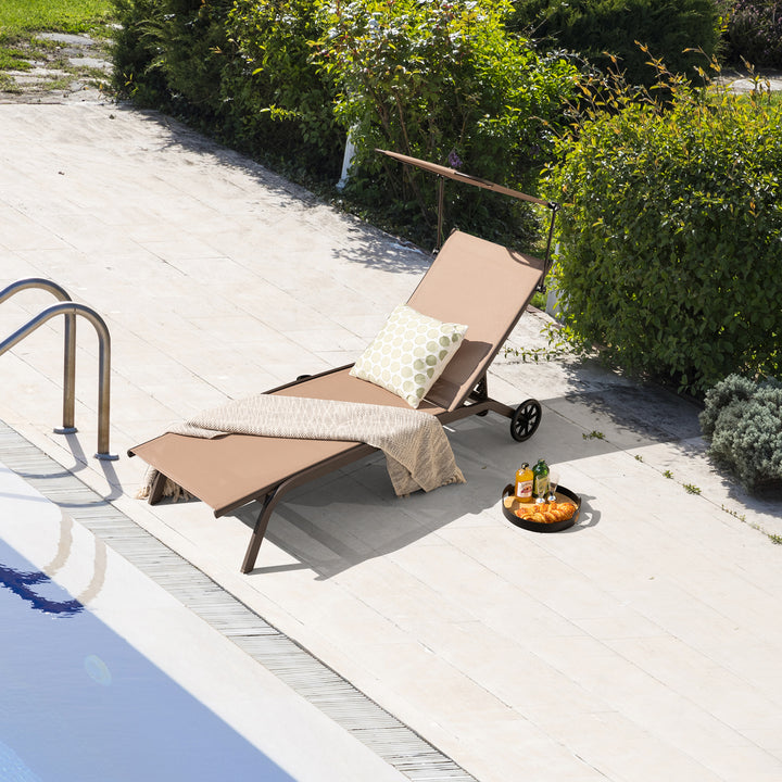 Patio Chaise Lounge Chair with Wheels and Adjustable Canopy