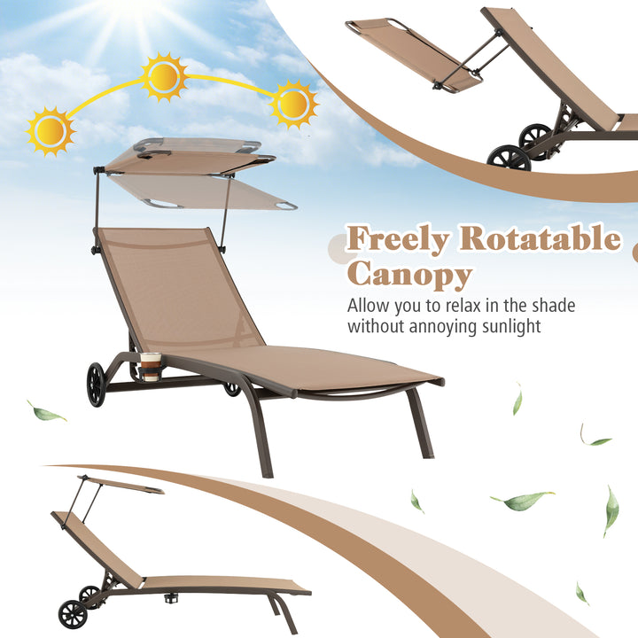Patio Chaise Lounge Chair with Wheels and Adjustable Canopy