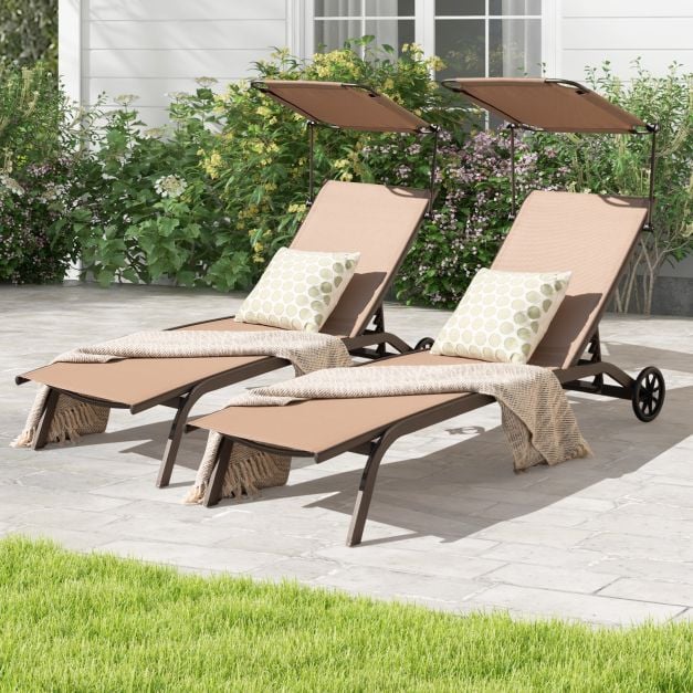 Patio Chaise Lounge Chair with Wheels and Adjustable Canopy