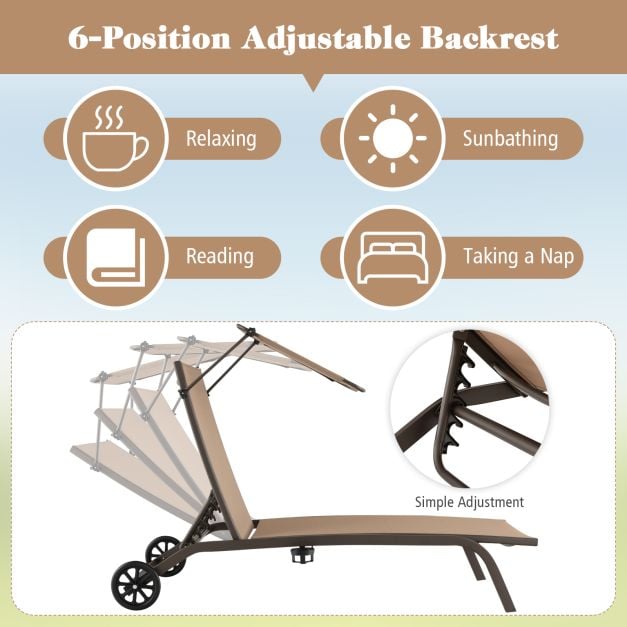 Patio Chaise Lounge Chair with Wheels and Adjustable Canopy