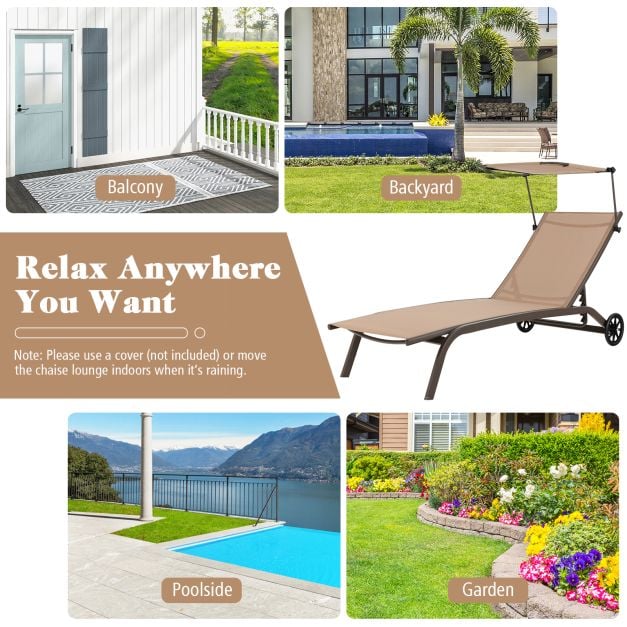 Patio Chaise Lounge Chair with Wheels and Adjustable Canopy