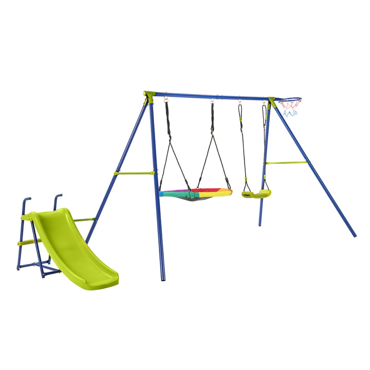 4-in-1 Swing Set Heavy-Duty Metal Playset with Slide and Basketball Hoop