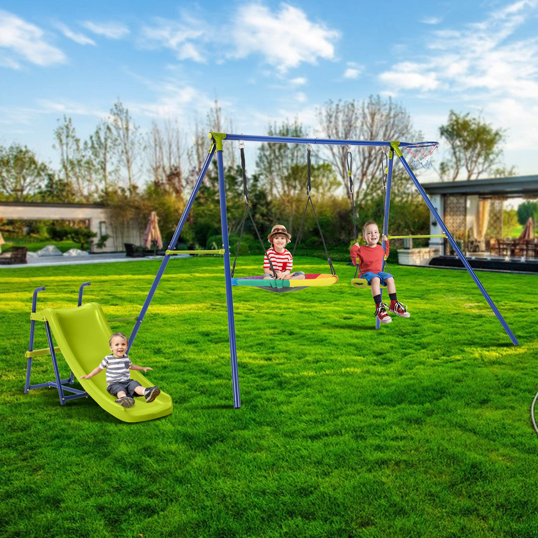 4-in-1 Swing Set Heavy-Duty Metal Playset with Slide and Basketball Hoop