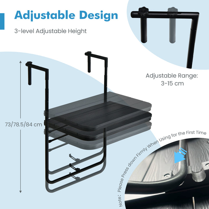 Folding Railing Table with 3 Level Adjustable Height for Patio