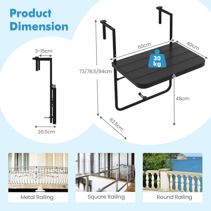 Folding Railing Table with 3 Level Adjustable Height for Patio