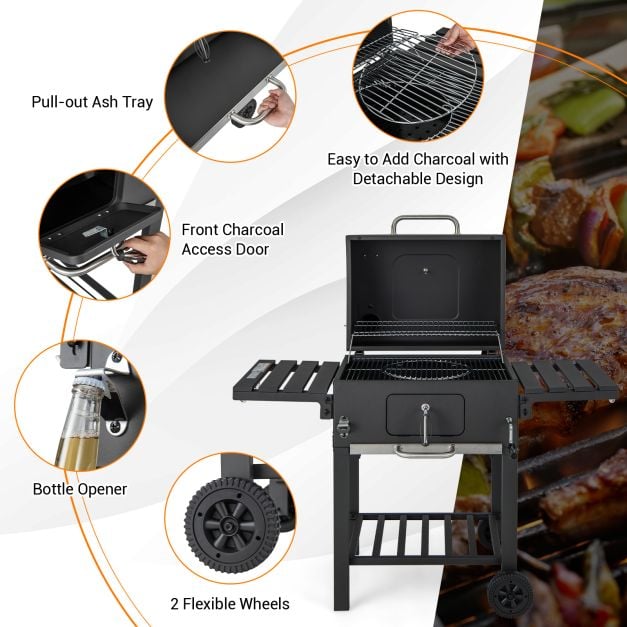 Charcoal BBQ Grill with Foldable Side Tables Hooks and Wheels