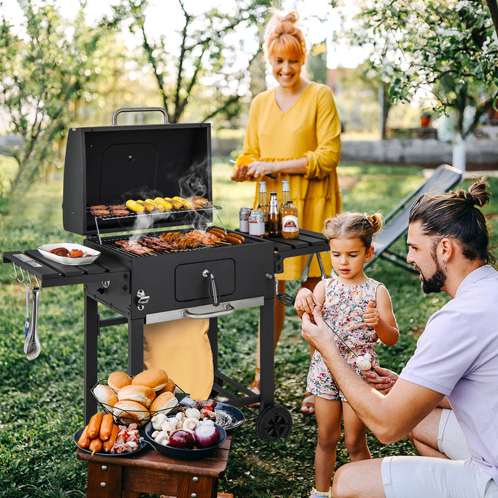 Charcoal BBQ Grill with Foldable Side Tables Hooks and Wheels