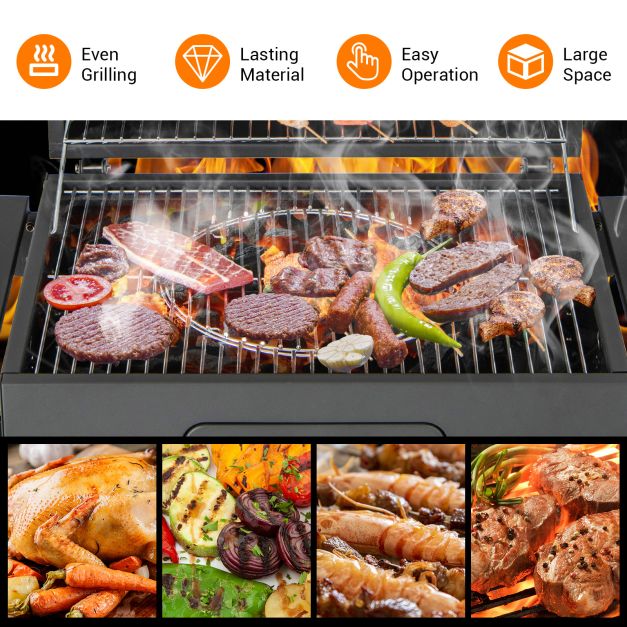 Charcoal BBQ Grill with Foldable Side Tables Hooks and Wheels