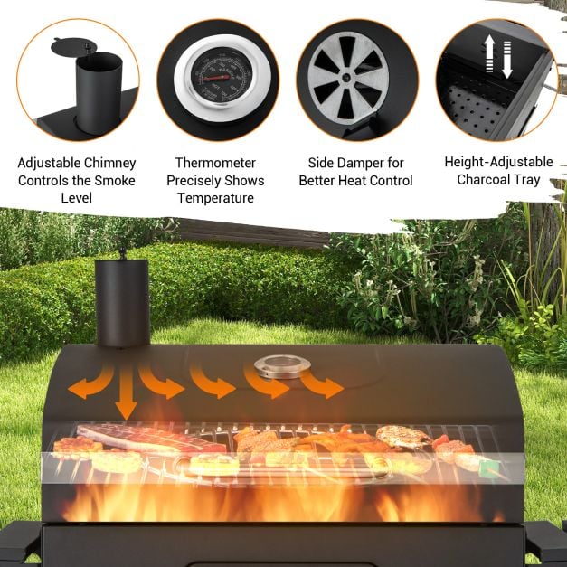 Charcoal BBQ Grill with Foldable Side Tables Hooks and Wheels