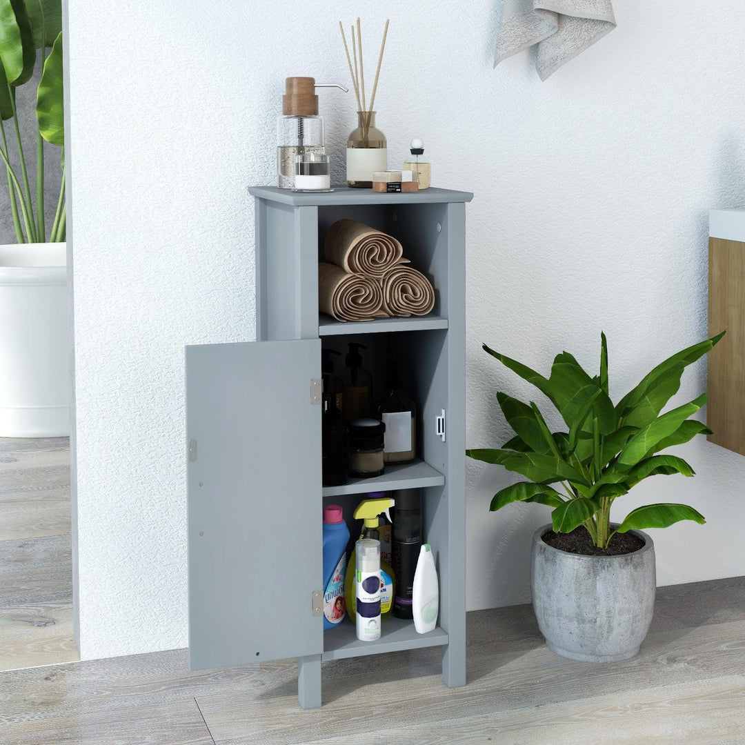 Freestanding Narrow Bathroom Storage Organizer Rack Stand with Door and Adjustable Shelf-Grey - TidySpaces