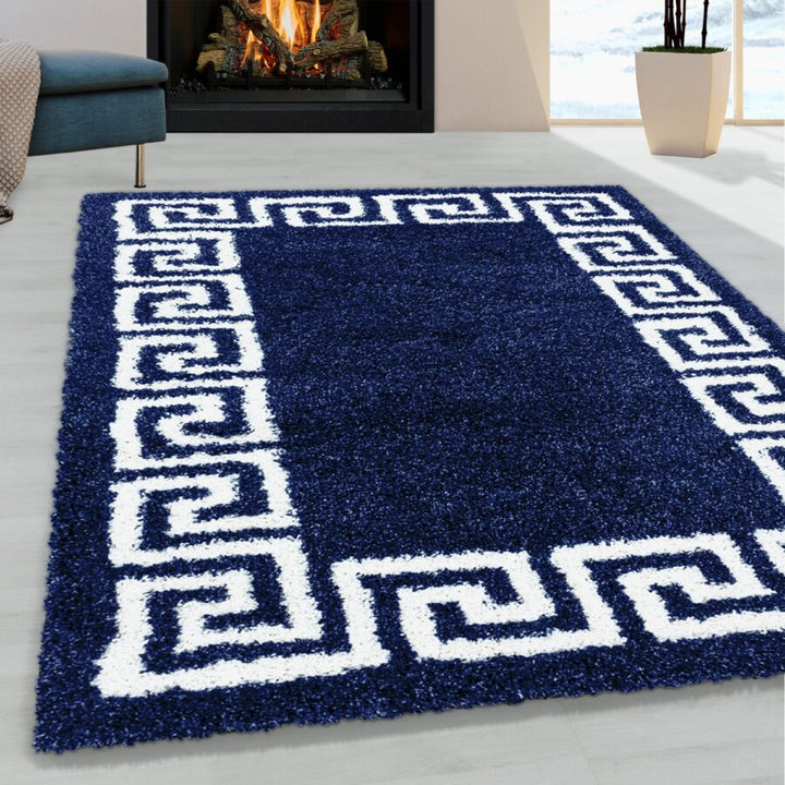 Navy Blue Fluffy Shaggy Rug Greek Key Navy Blue - TidySpaces