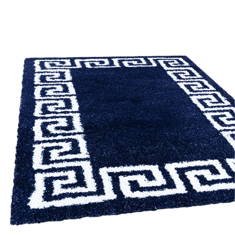 Navy Blue Fluffy Shaggy Rug Greek Key - TidySpaces