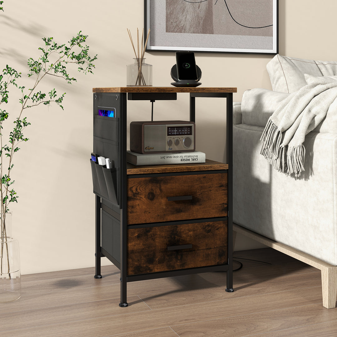 2 Piece Nightstand with Charging Station with USB Ports and Socket Outlets Rustic Brown