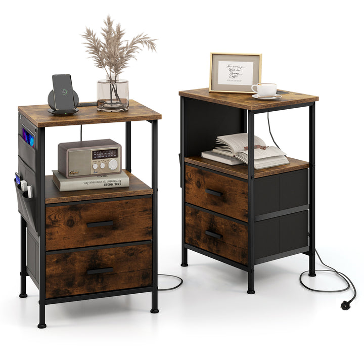 2 Piece Nightstand with Charging Station with USB Ports and Socket Outlets Rustic Brown