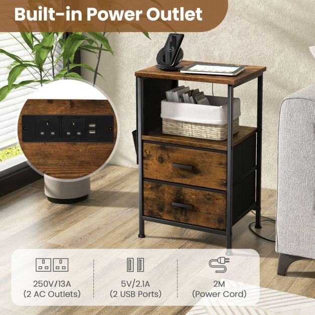 2 Piece Nightstand with Charging Station with USB Ports and Socket Outlets Rustic Brown