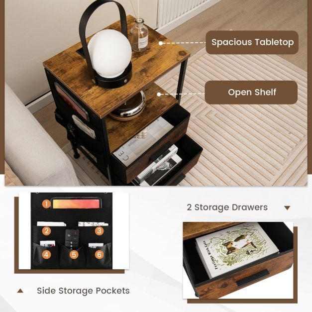 2 Piece Nightstand with Charging Station with USB Ports and Socket Outlets Rustic Brown