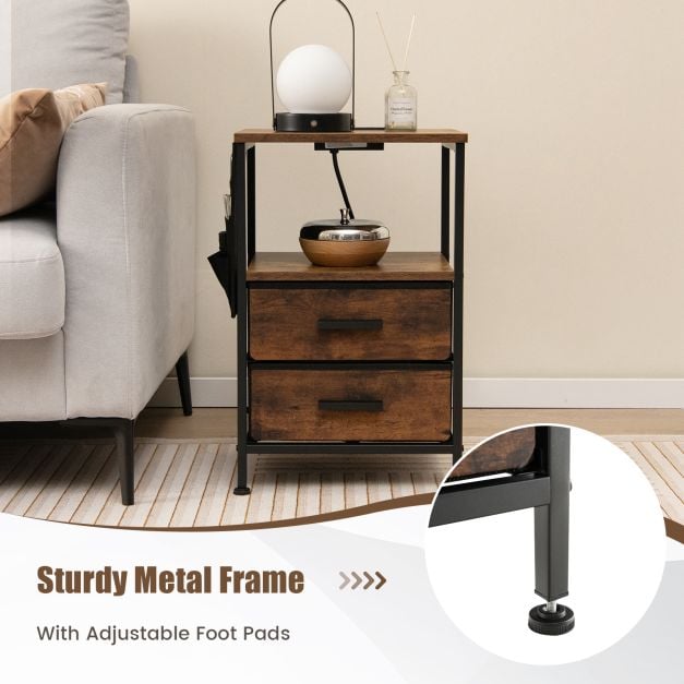 2 Piece Nightstand with Charging Station with USB Ports and Socket Outlets Rustic Brown