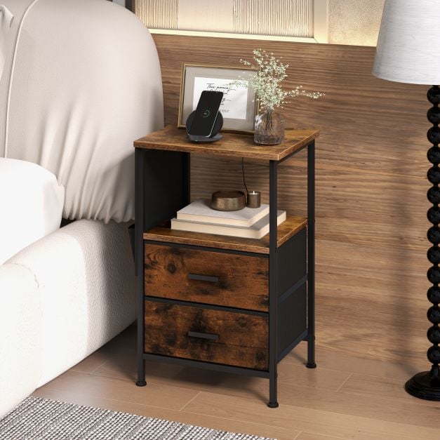 2 Piece Nightstand with Charging Station with USB Ports and Socket Outlets Rustic Brown