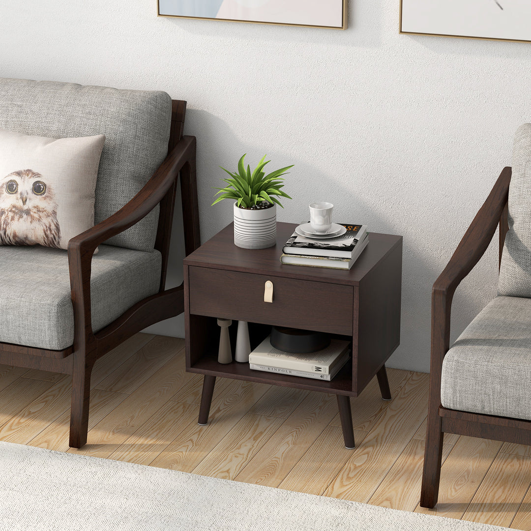 Mid-Century End Table with Open Storage Shelf for Living Room Bedroom Small Spaces-Brown