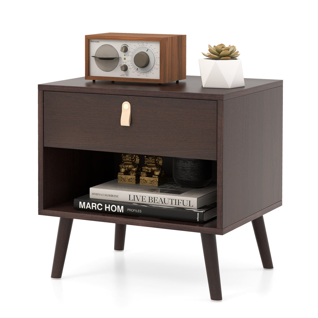 Mid-Century End Table with Open Storage Shelf for Living Room Bedroom Small Spaces-Brown