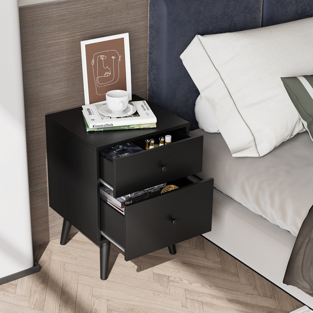 2 Drawer Nightstand with Solid Rubber Wood Legs and Large Storage Space - TidySpaces