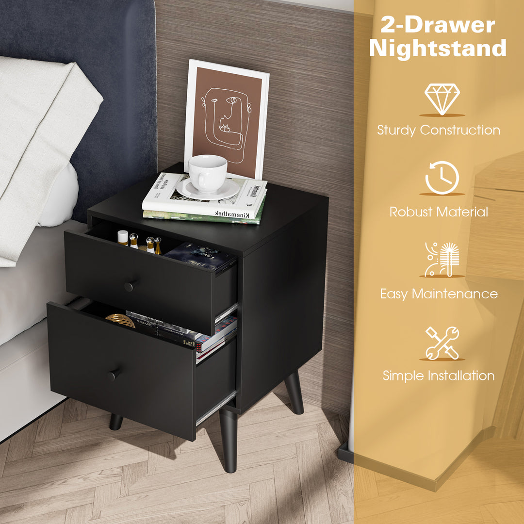 2 Drawer Nightstand with Solid Rubber Wood Legs and Large Storage Space - TidySpaces